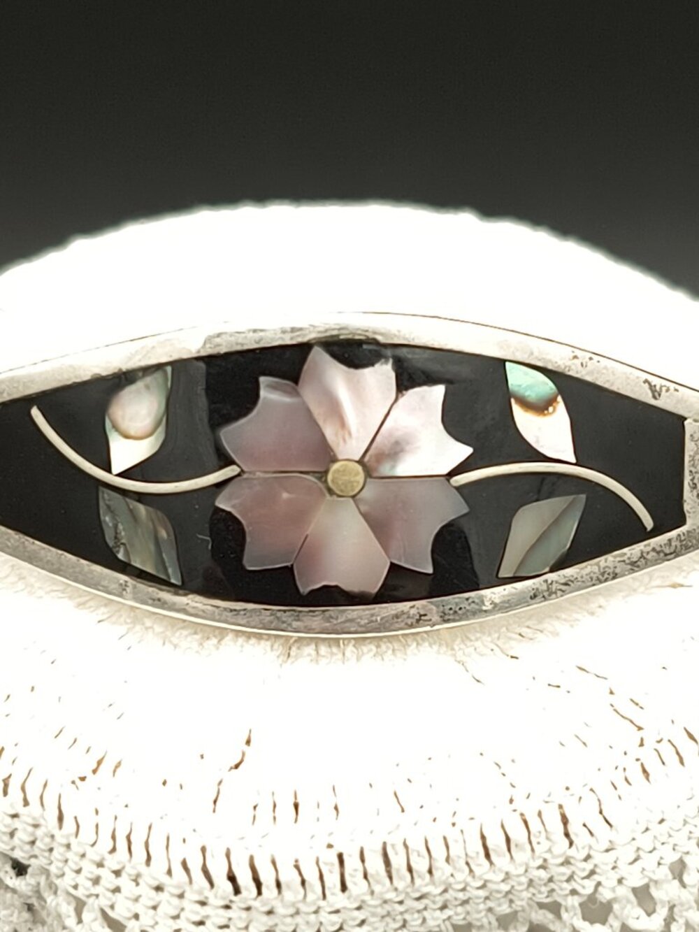 Vintage Alpaca Mexico Floral Abalone Shell Inlay Hinged Lot of 2 Bangle Bracelet - Picture 3 of 11